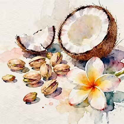 cracked pistachios with scattered nuts, an opened creamy coconut, and tropical flower