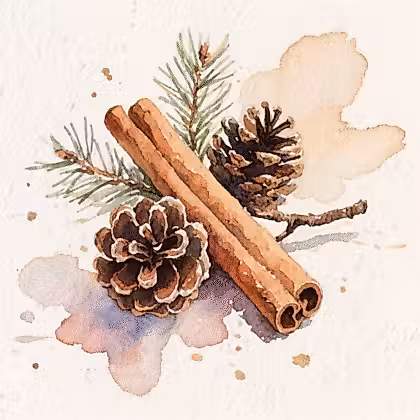 Two pine cones with attached stems and scattered green pine needles