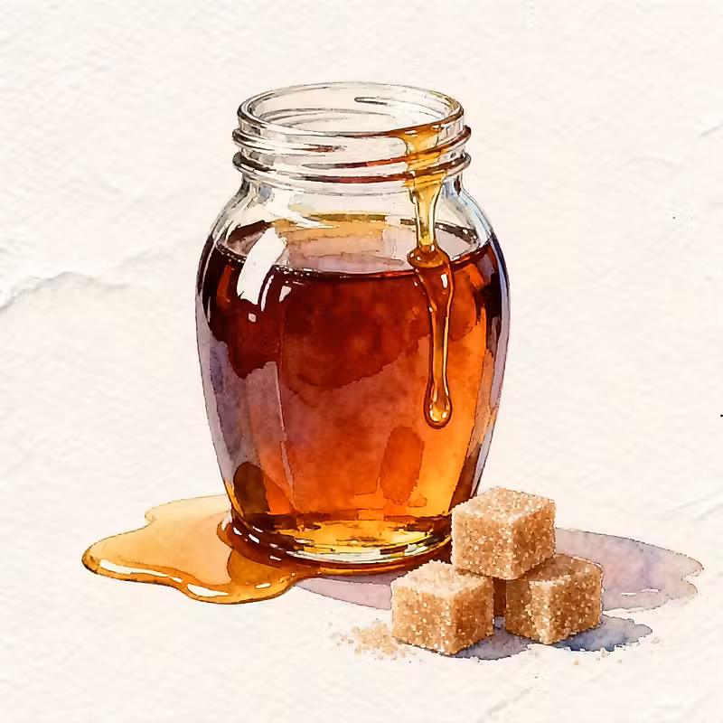 Un pot transparent de miel à côté de trois cubes de sucre brun