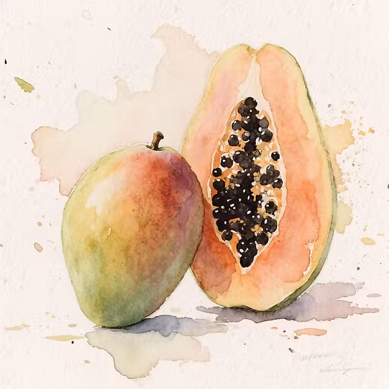 Fruits frais de papaye et de mangue positionnés sur un fond jaune ensoleillé