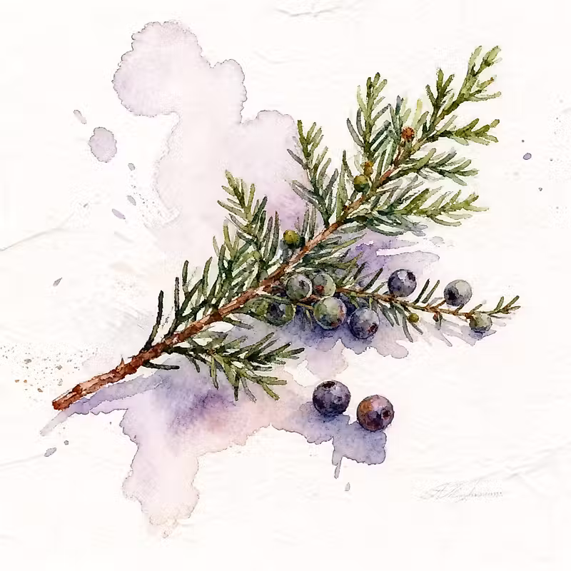 une branche de cèdre avec ses feuilles (oreilles) et ses petites branches à côté de quelques baies de genièvre