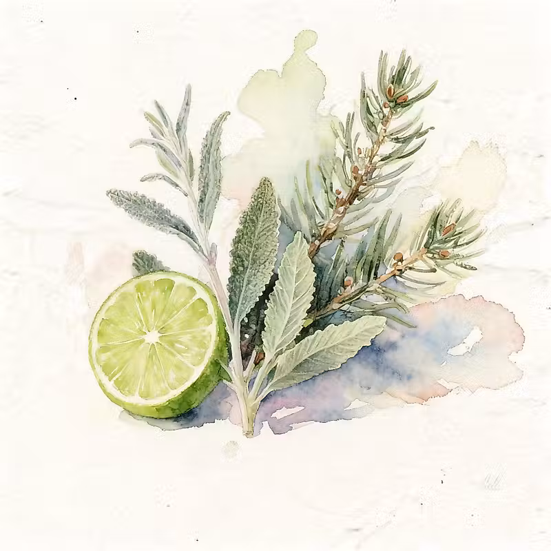 Demi-citron vert à côté d'une branche verte de sauge blanche et d'une branche d'aiguilles de sapin